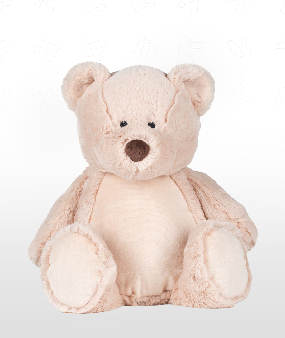 Pink teddy bear plush with embroidered face and rounded ears, sitting.