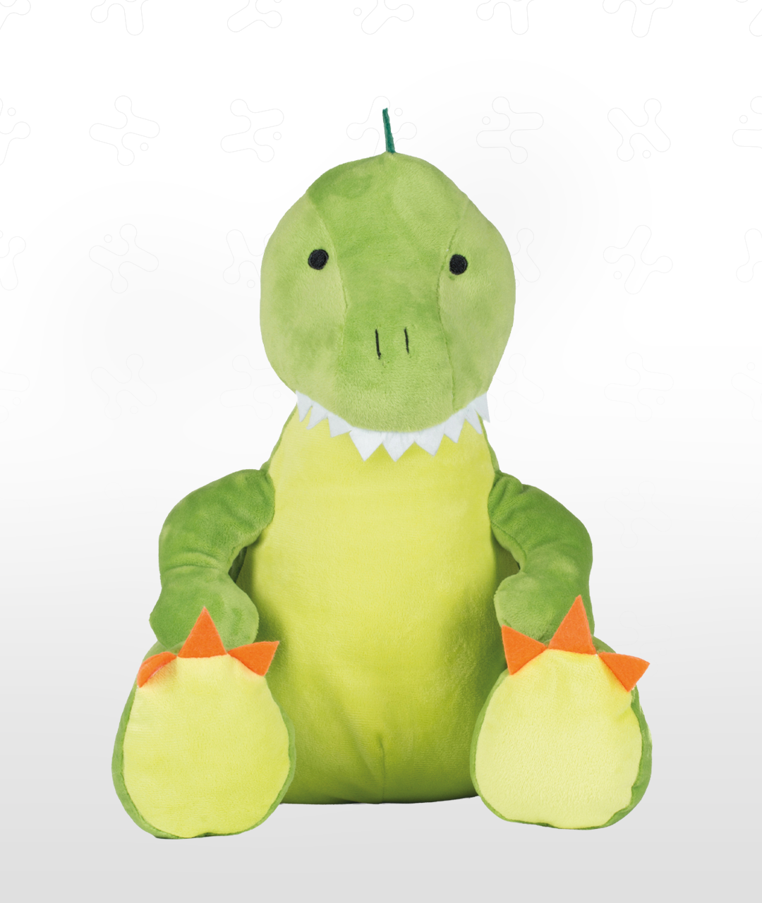 Stuffed dinosaur plush toy, green with yellow belly and orange toe accents