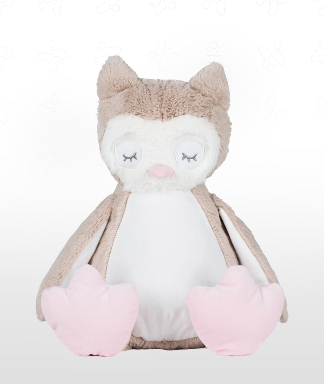 Pink plush animal with fuzzy hood, closed eyes, small pink nose, and soft paws
