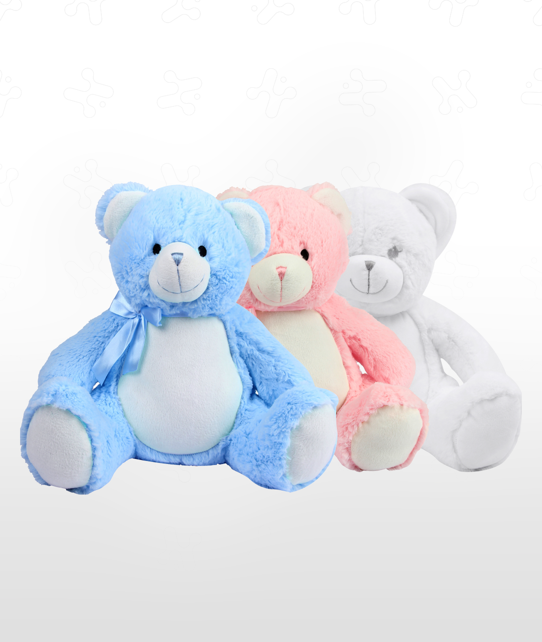 Three plush baby bears: blue, pink, and white, with bow ties