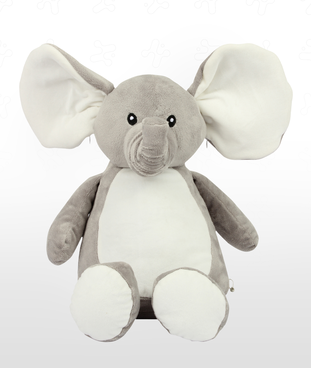 Gray and white plush elephant toy with big ears and round eyes