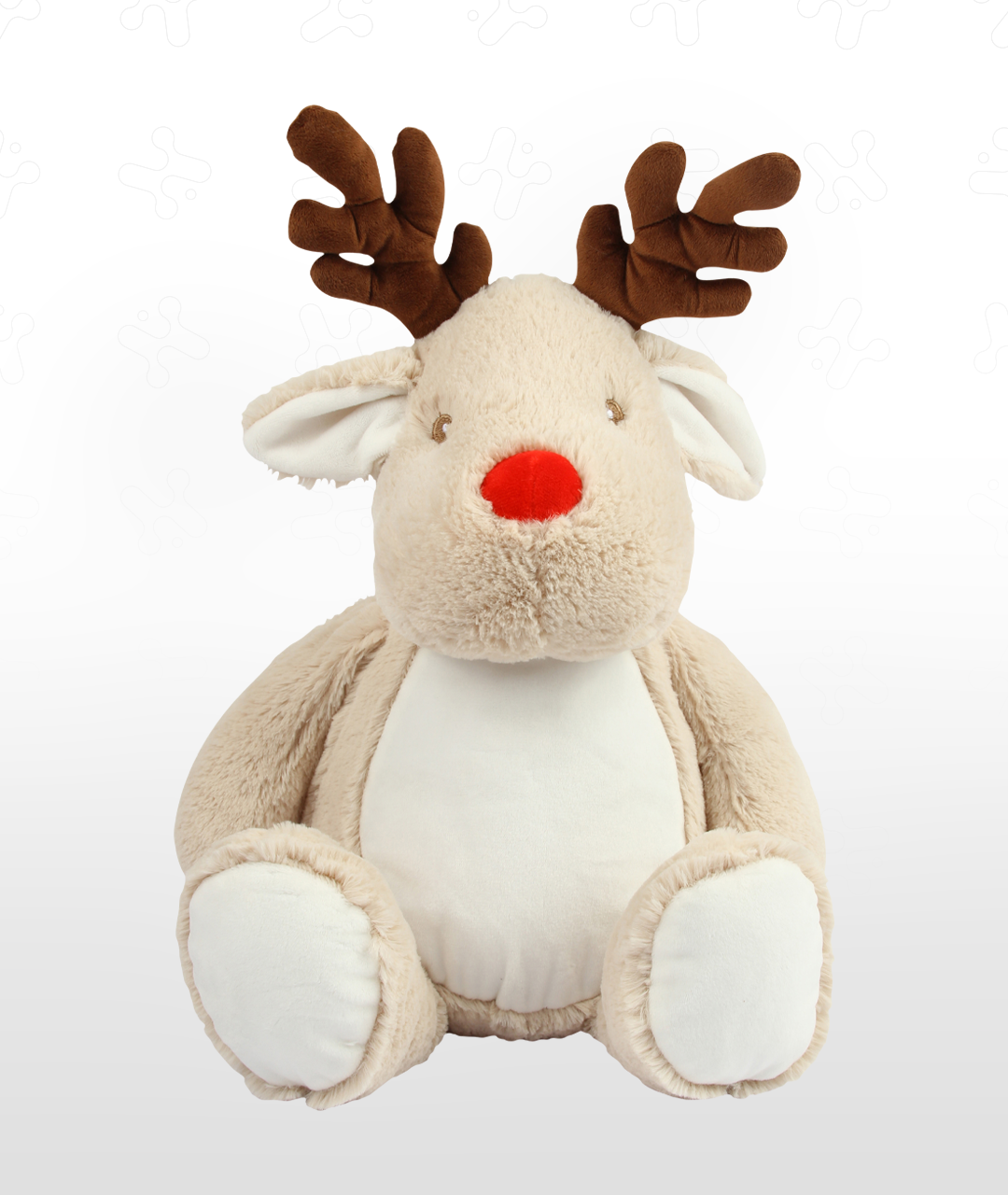 Plush reindeer toy with red nose and brown antlers