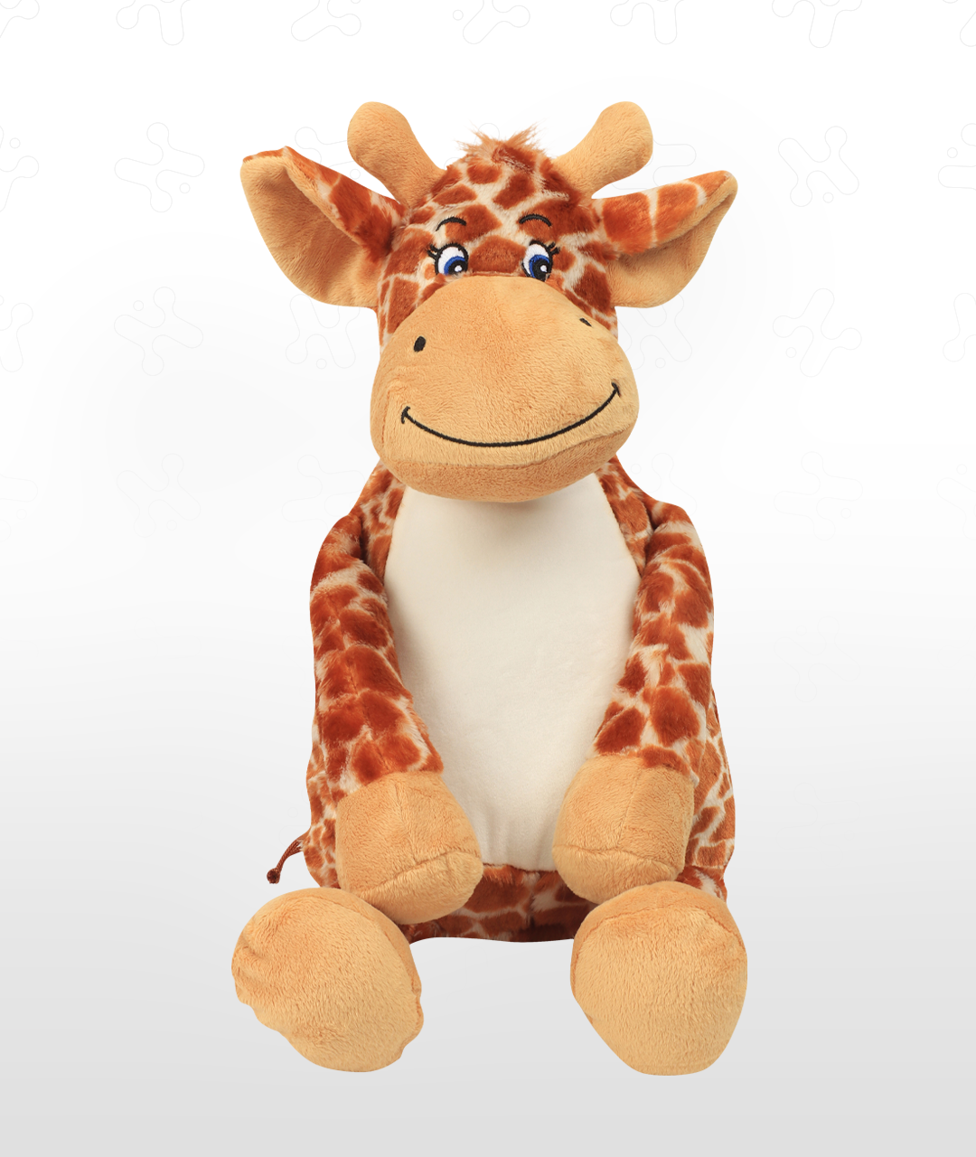 Plush giraffe stuffed toy with orange-brown patterned fur, long ears, and striped legs