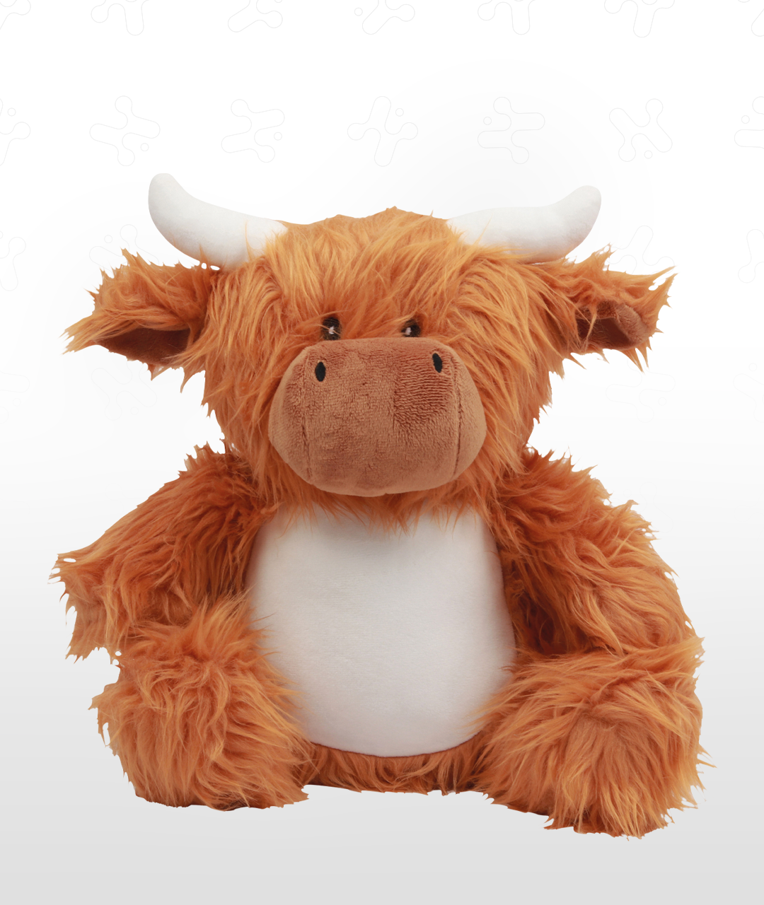 Orange plush Highland cow stuffed animal with white belly and curled horns