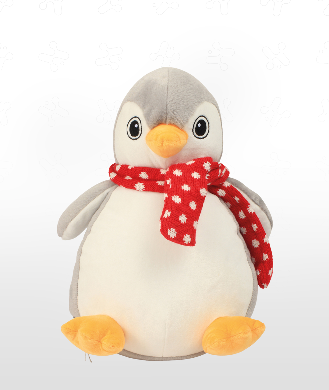 Light gray and white penguin plush toy with orange beak and red patterned scarf