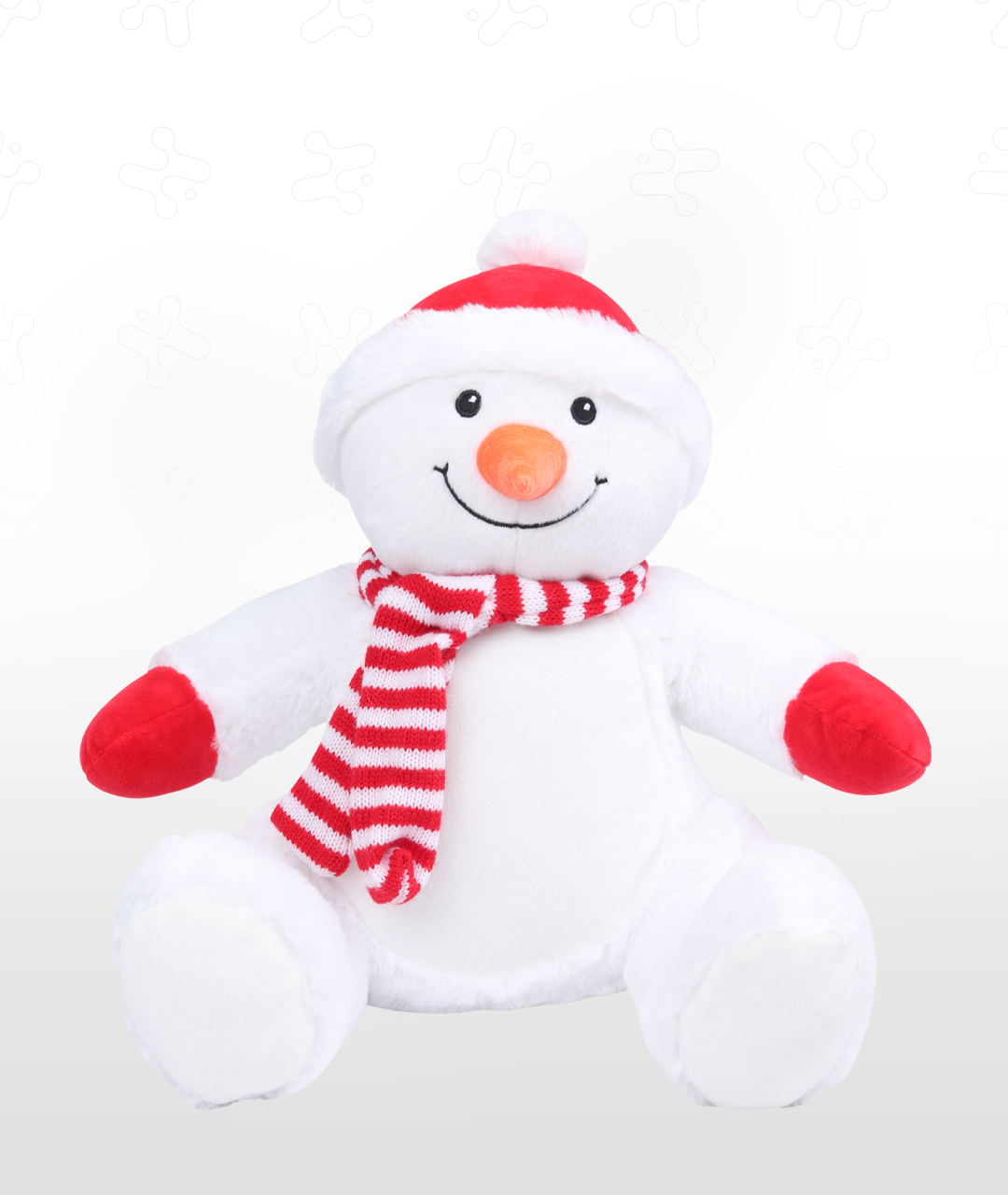 Plush white snowman with red nose, red-and-white striped scarf, and red hat