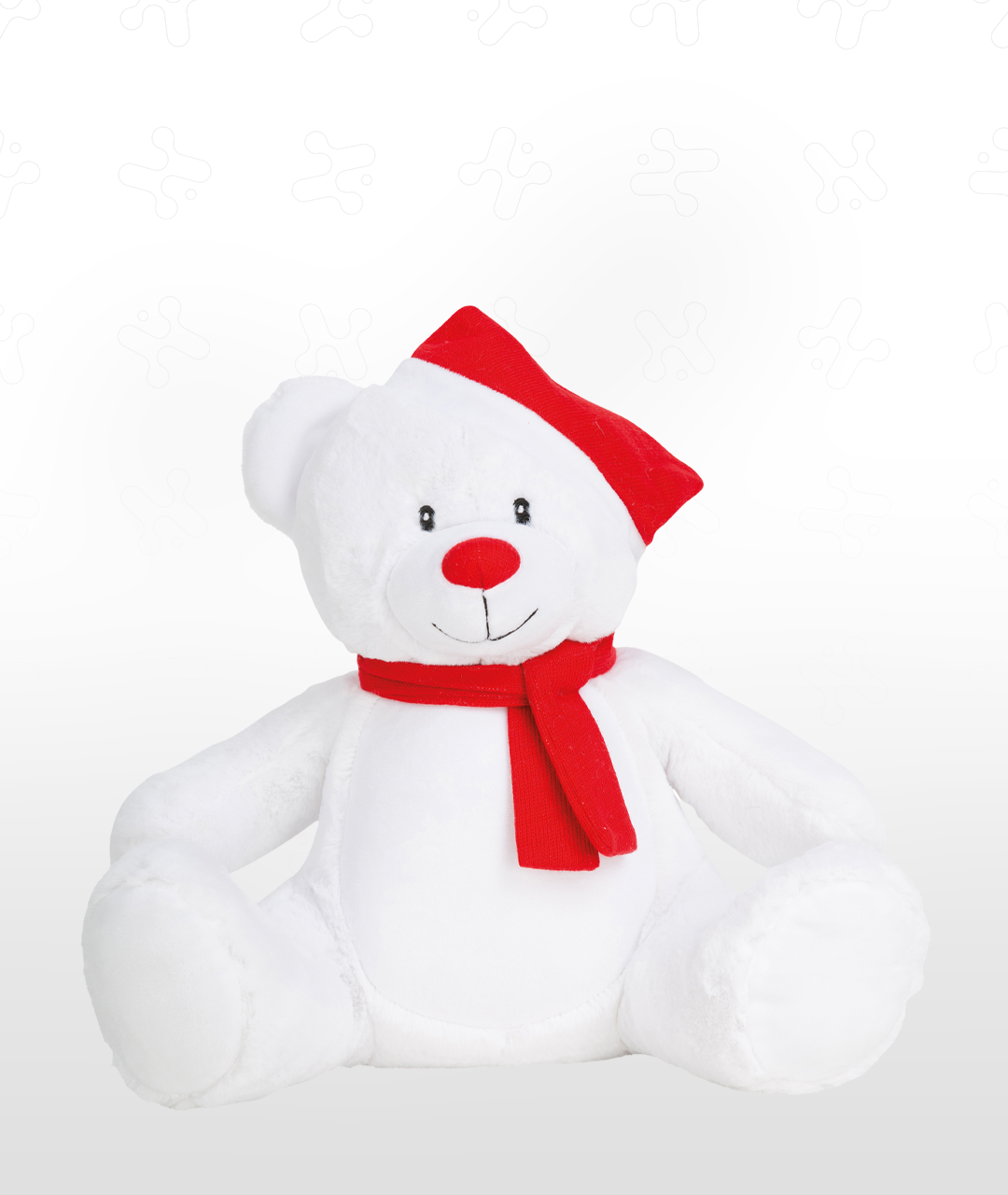 Zippie Christmas bear plush in white with red Santa hat and neck scarf