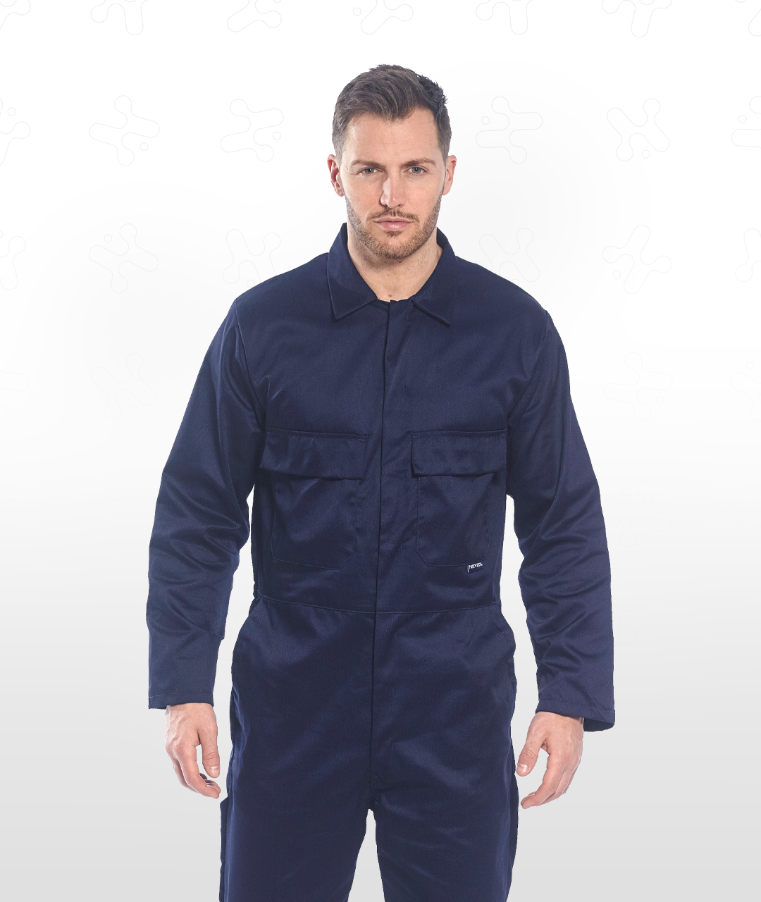 Men's navy work coverall with zip front and chest pockets