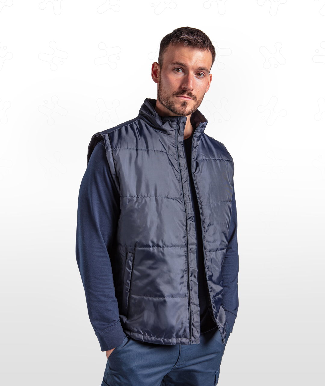 Navy quilted bodywarmer vest with full-zip front and stand collar